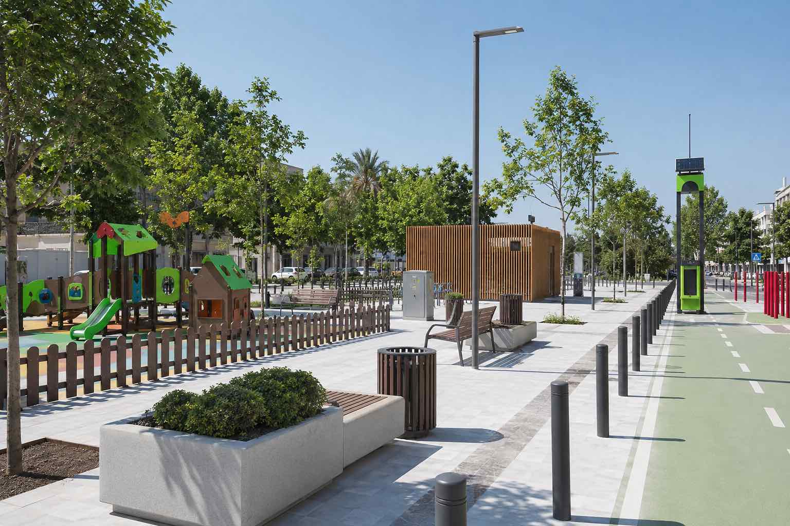 Benito urbana oprema, javna rasvjeta, dječje igralište i biciklistička infrastruktura u modernom gradskom prostoru
